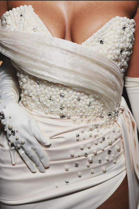SWEETHEART IVORY BEADED IVORY HIGH SPLIT COURT TRAIN PROM DRESSES