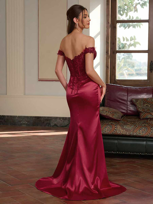Sheath Off-the-Shoulder Appliques Lace Sweep Train Silk like Satin Corset Dress