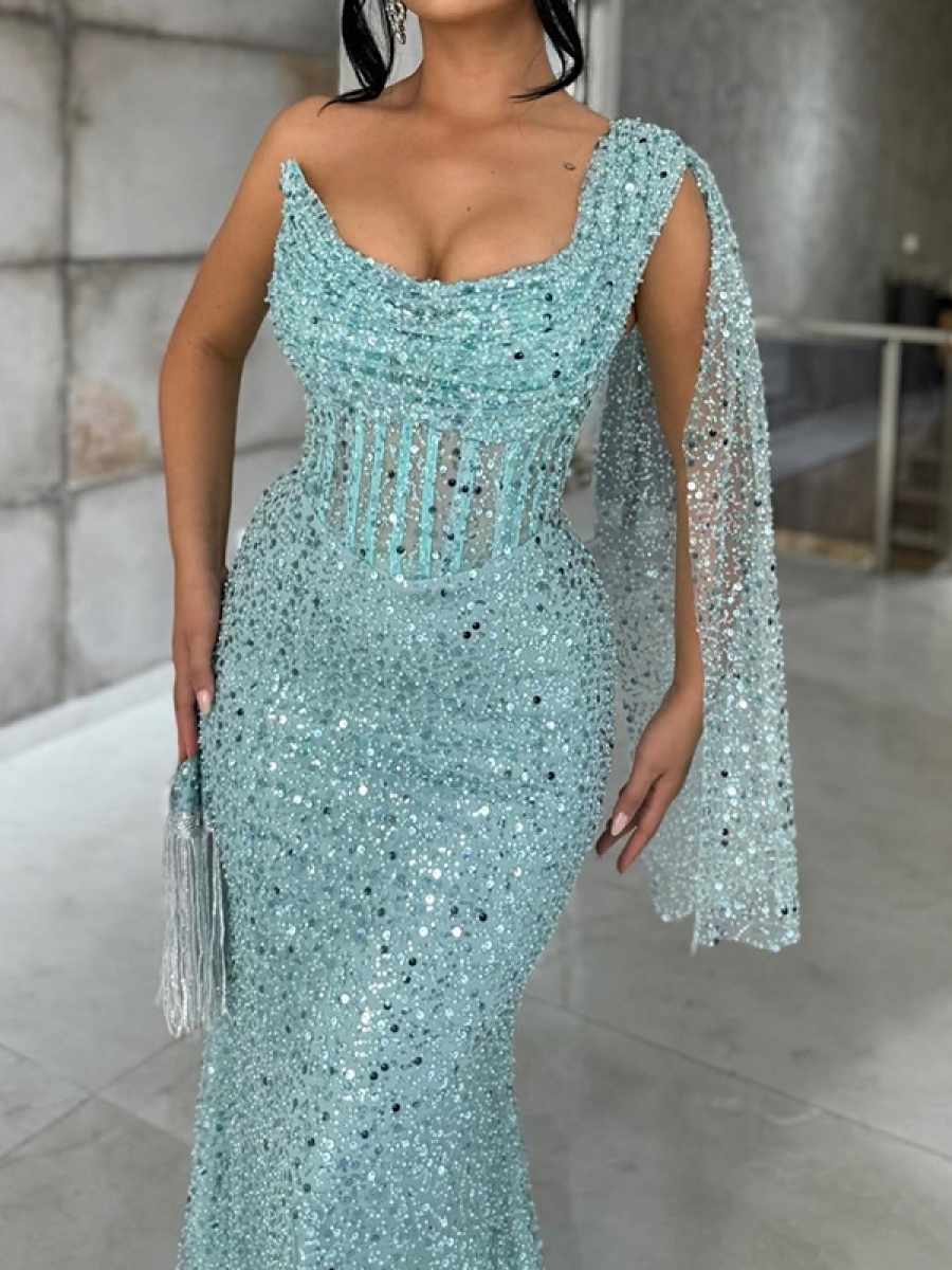 Sheath One-Shoulder Sequin Sweep Train Corset Dress