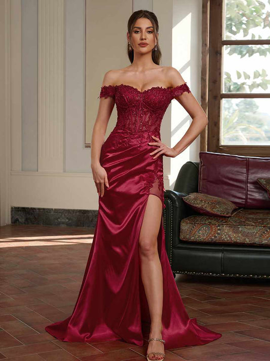 Sheath Off-the-Shoulder Appliques Lace Sweep Train Silk like Satin Corset Dress