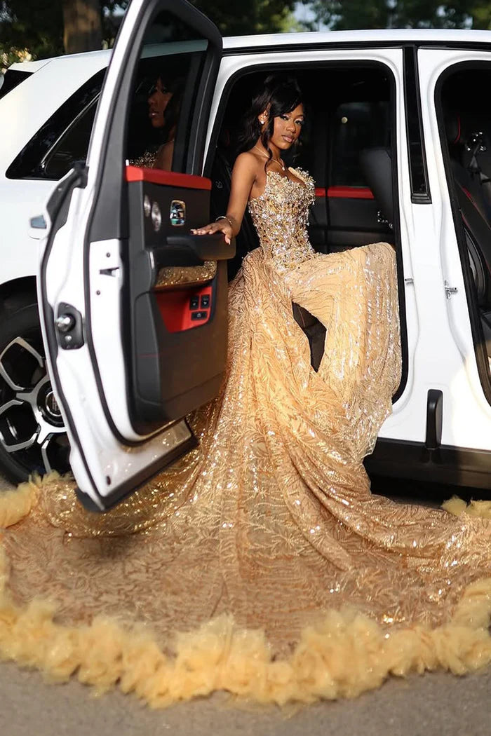 GOLD SWEETHEART BEADED SPARKLES COURT TRAIN FLOWERS PROM DRESSES