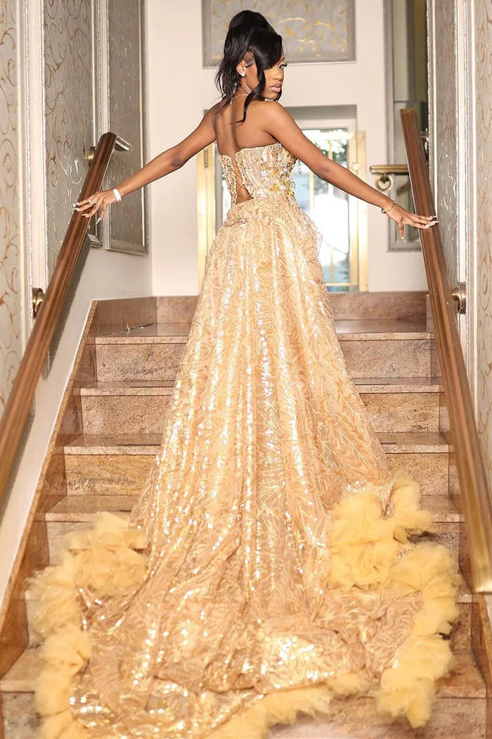 GOLD SWEETHEART BEADED SPARKLES COURT TRAIN FLOWERS PROM DRESSES