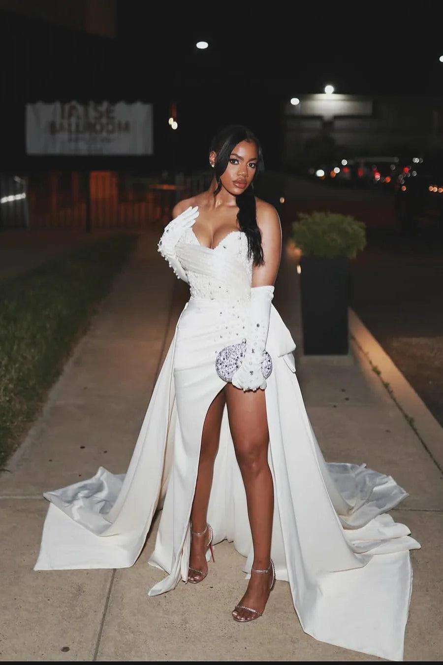 SWEETHEART IVORY BEADED IVORY HIGH SPLIT COURT TRAIN PROM DRESSES