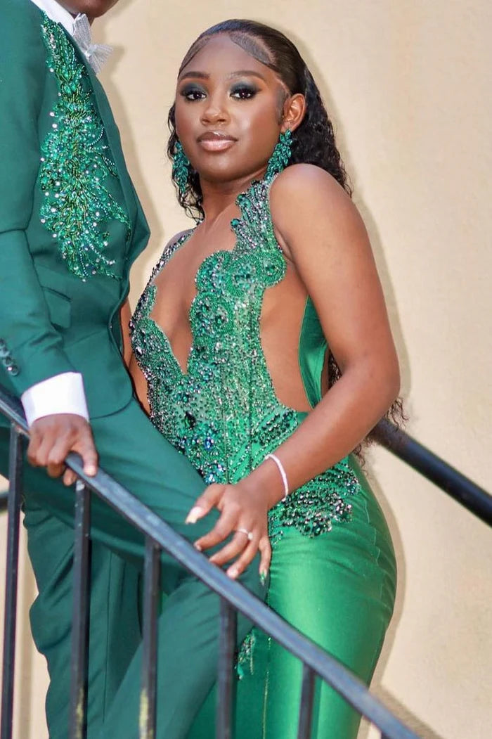 V-NECK MERMAID SLEEVELESS BEADING SWEEP TRAIN PROM DRESS