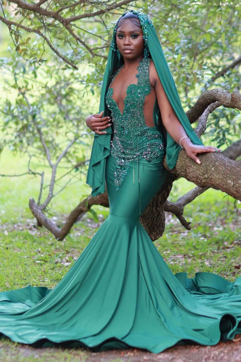 V-NECK MERMAID SLEEVELESS BEADING SWEEP TRAIN PROM DRESS