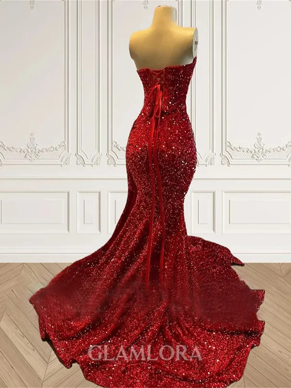 Mesmerizing Sheath Sweetheart Rhinestone Court Train Prom Dress