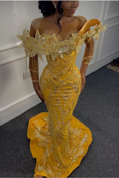 YELLOW FLOWERS SPARKLE BEADED MERMAID COURT TRAIN PROM DRESSES
